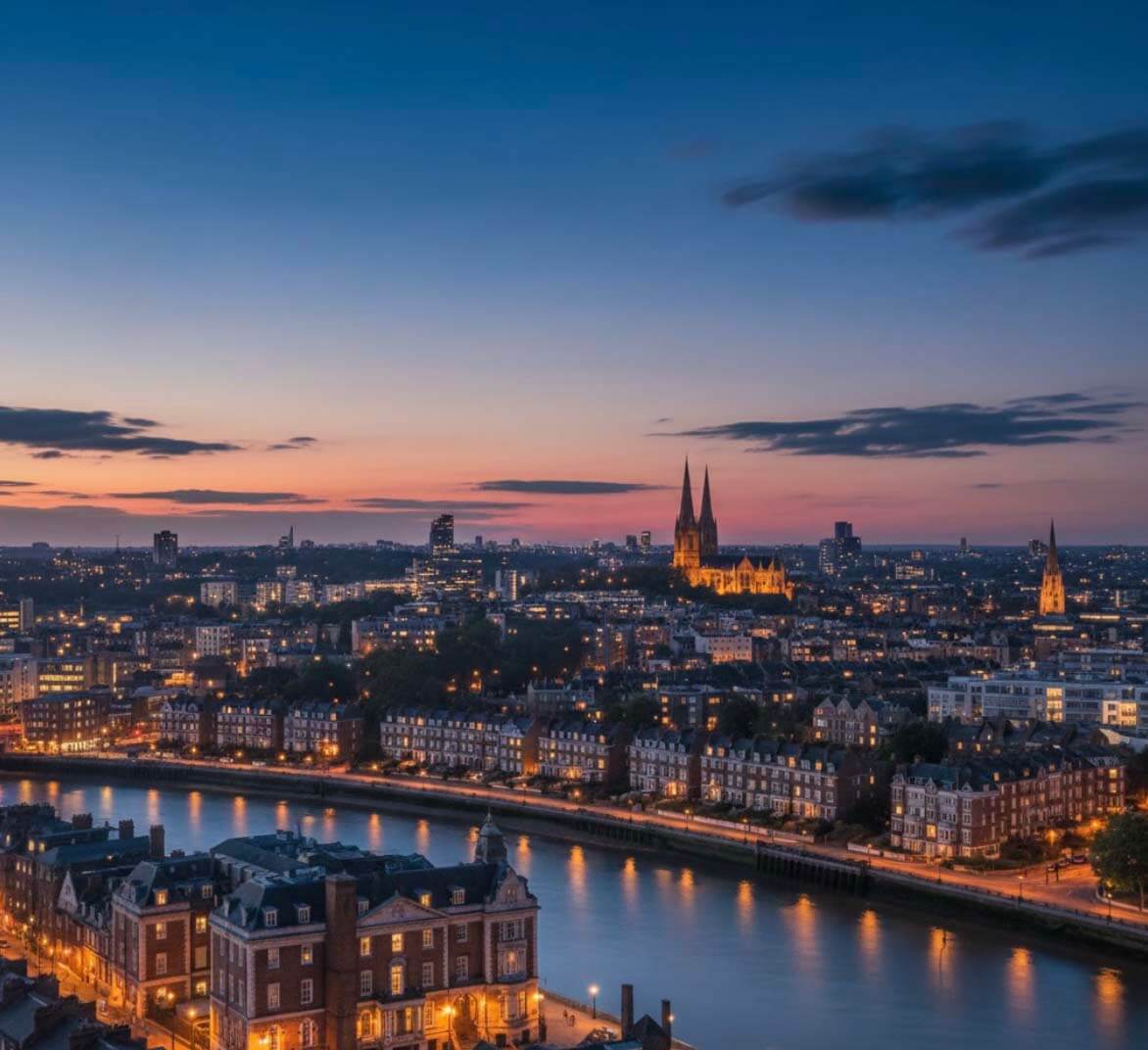 A majestic view of Battersea Power Station with its four iconic chimneys.