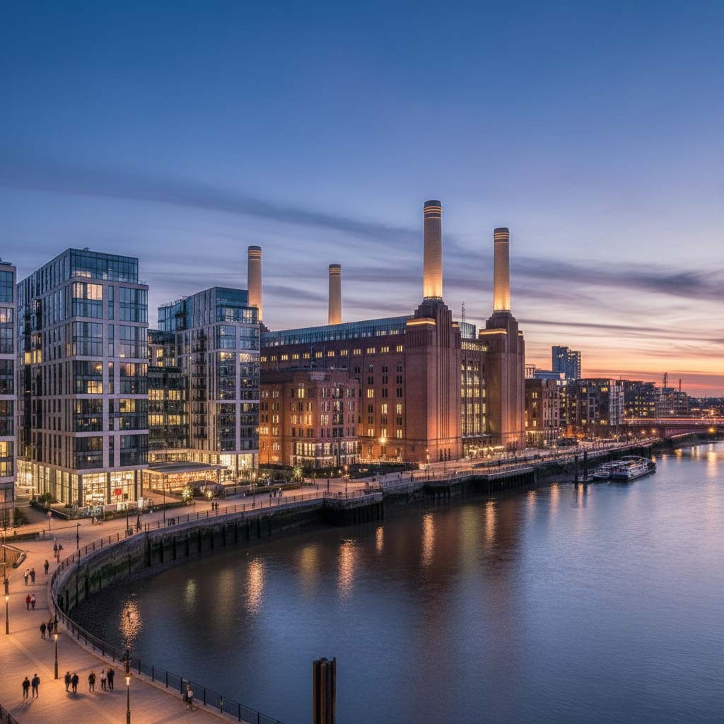 A majestic view of Battersea Power Station with its four iconic chimneys.