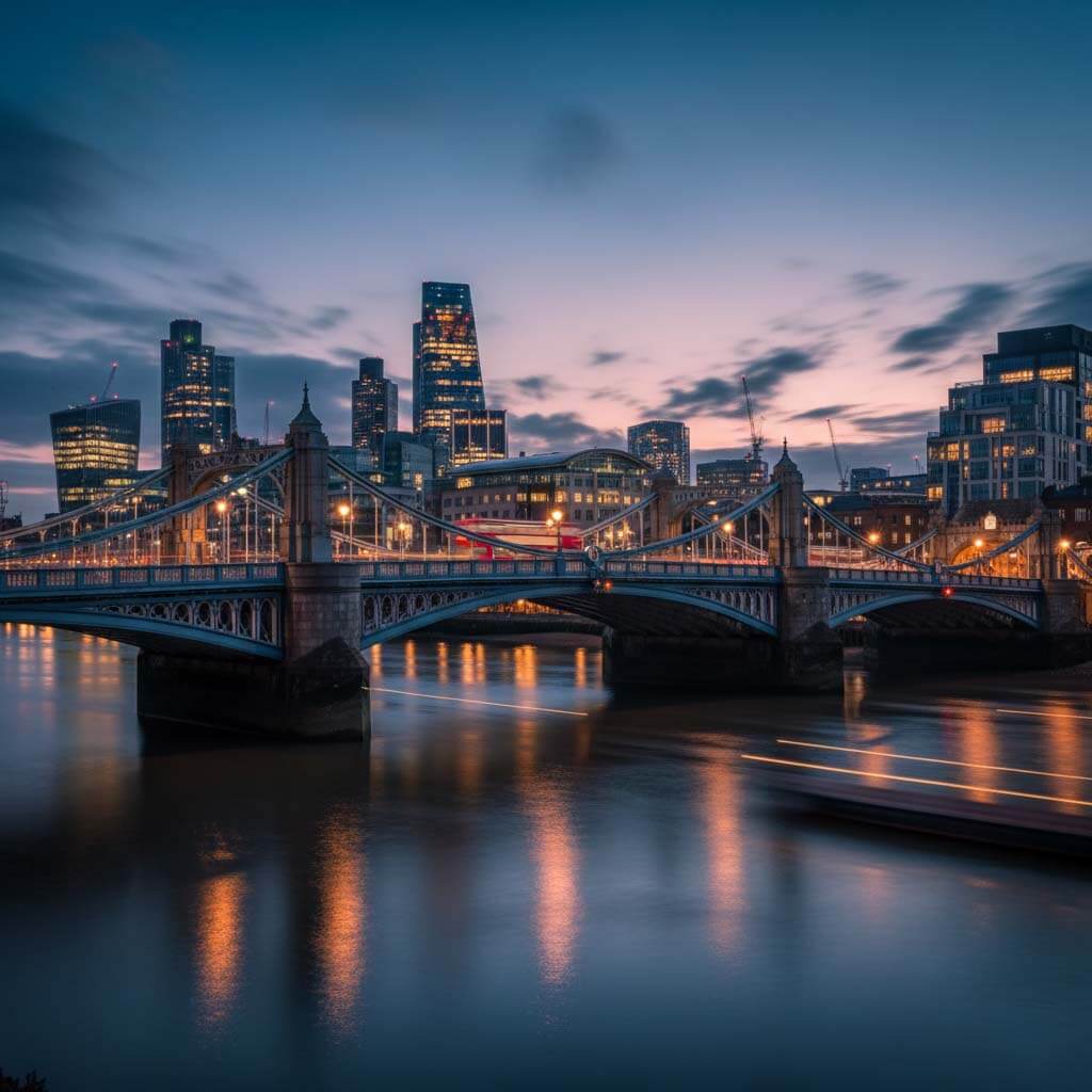 Wandsworth Bridge spanning the River Thames at sunset.